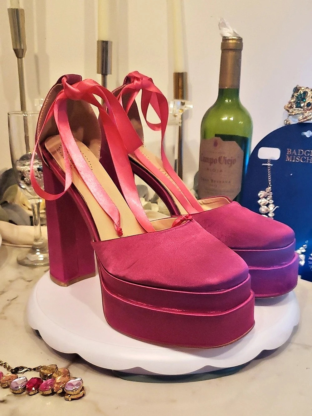 Azalea Wang Penelope Fuchsia Satin Double Platform Heels Custom Ribbon Ties - 10